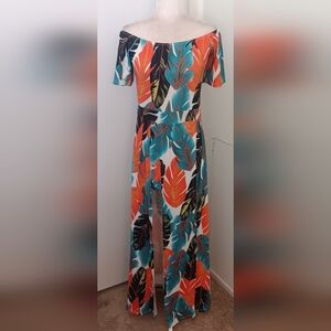 Colorful Leaf Print Off-Shoulder Jumpsuit